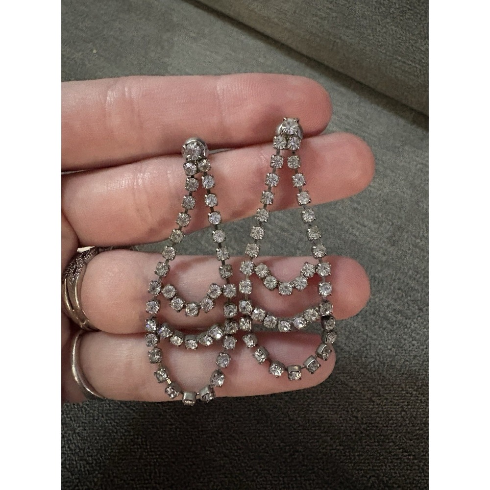 Vintage‎ Post Dangle Earrings Chandelier Clear Rhinestones